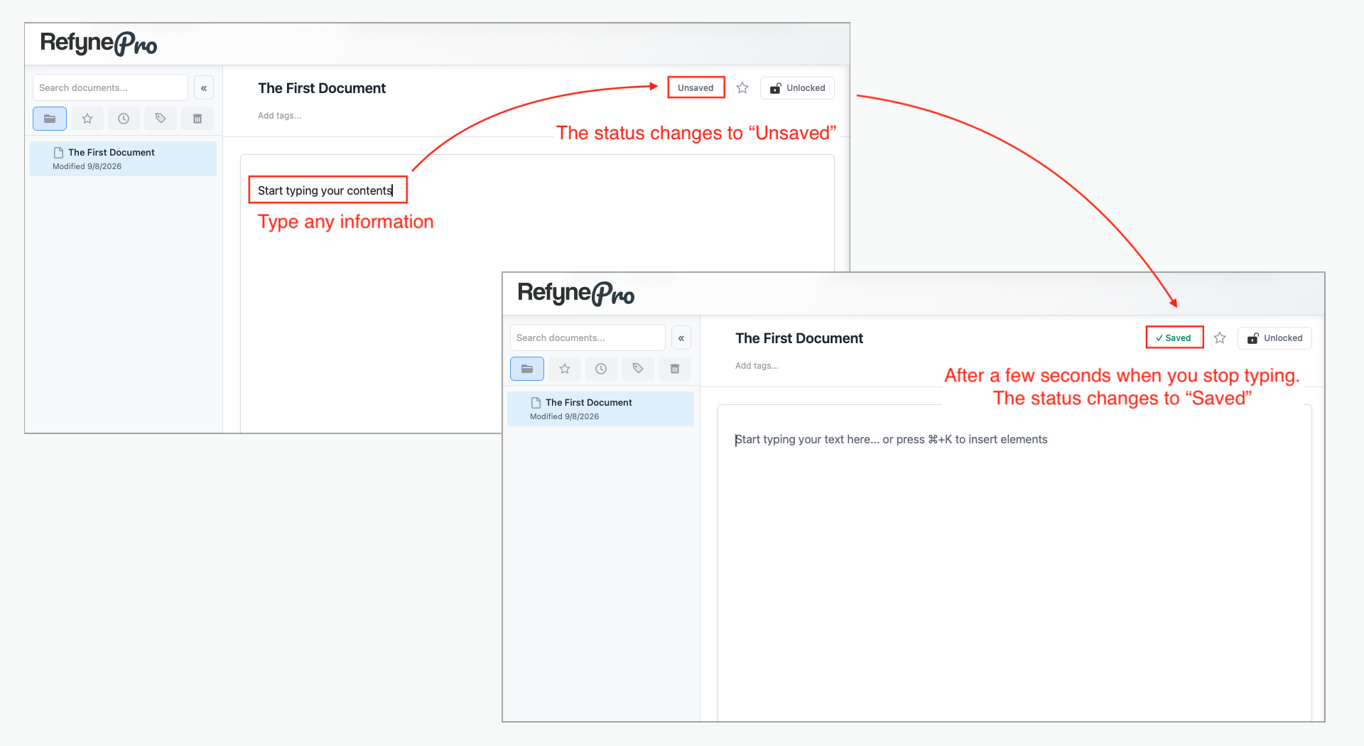 Stop typing. After a few seconds, the document will be auto saved