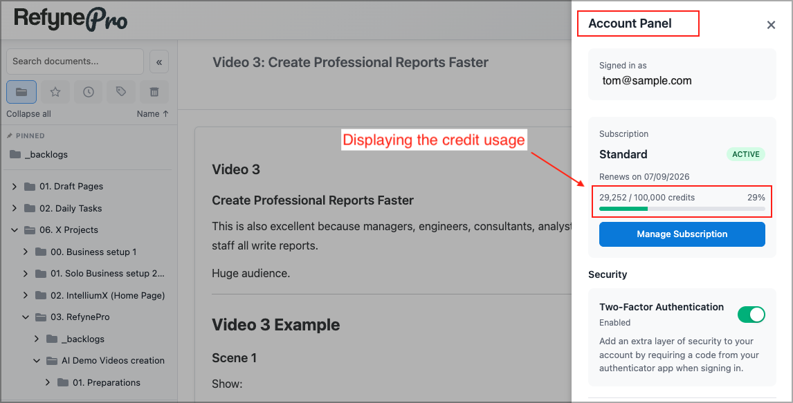 The credit usage bar in the Account Panel