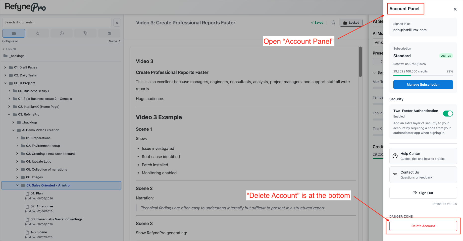 The Delete Account button in the Danger Zone section of the Account Panel