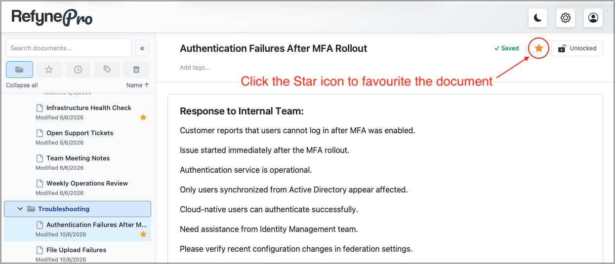 The star icon beside a document title in the Document Header