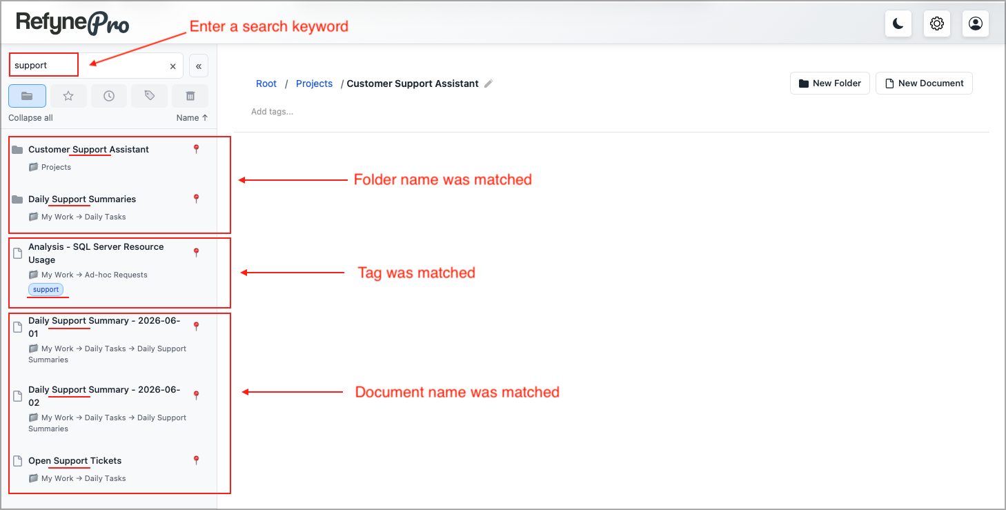 Search results in the Document Panel showing matching documents with their folder paths