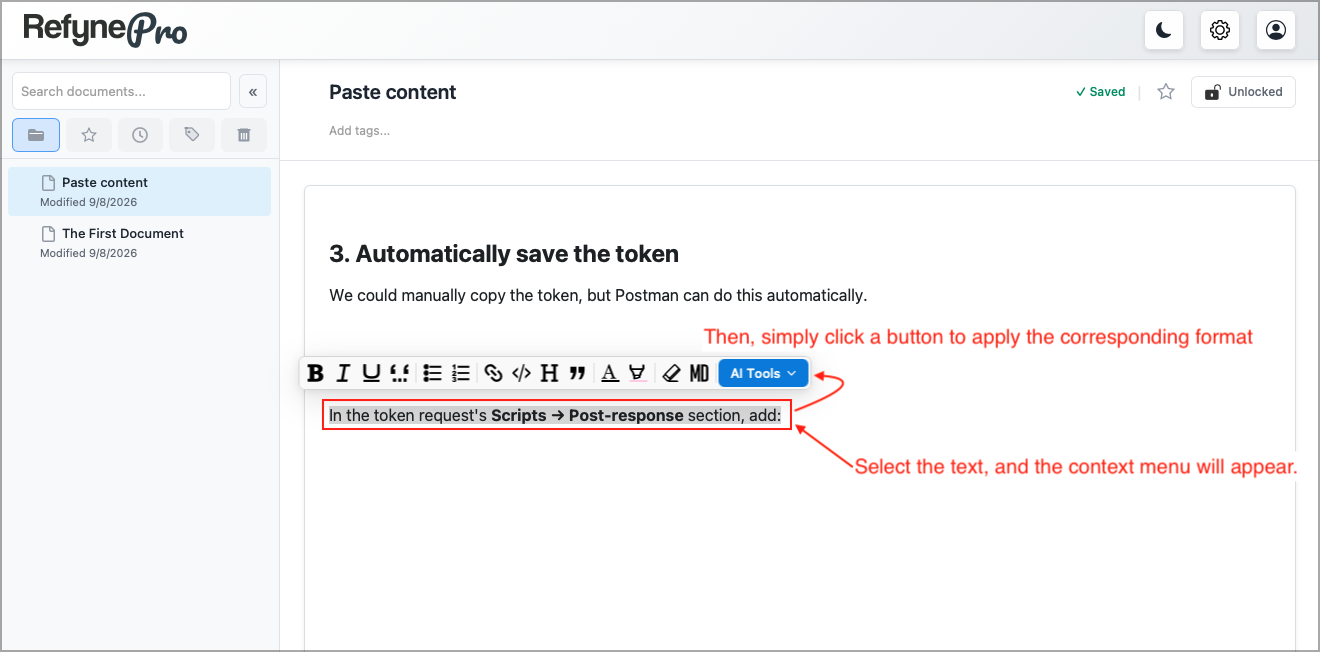 The formatting toolbar floating above a selected sentence