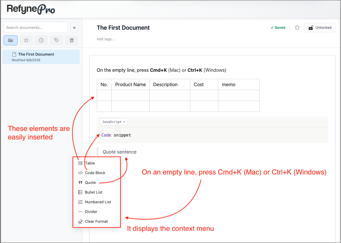 The insert menu offering Table, Code Block, Quote, Bullet List, Numbered List and Divider