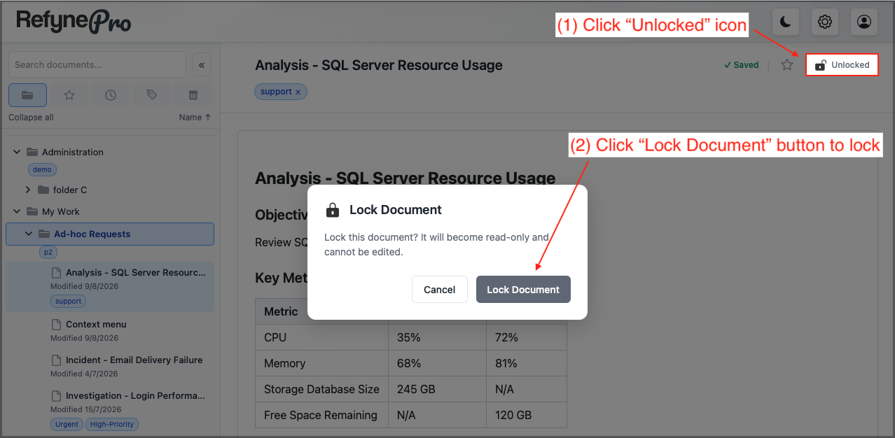 The Unlocked button in the document header