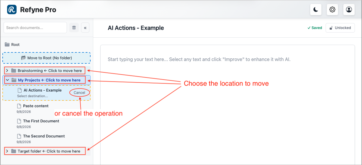 The Document Tree in move mode, with Click to move here shown next to a folder