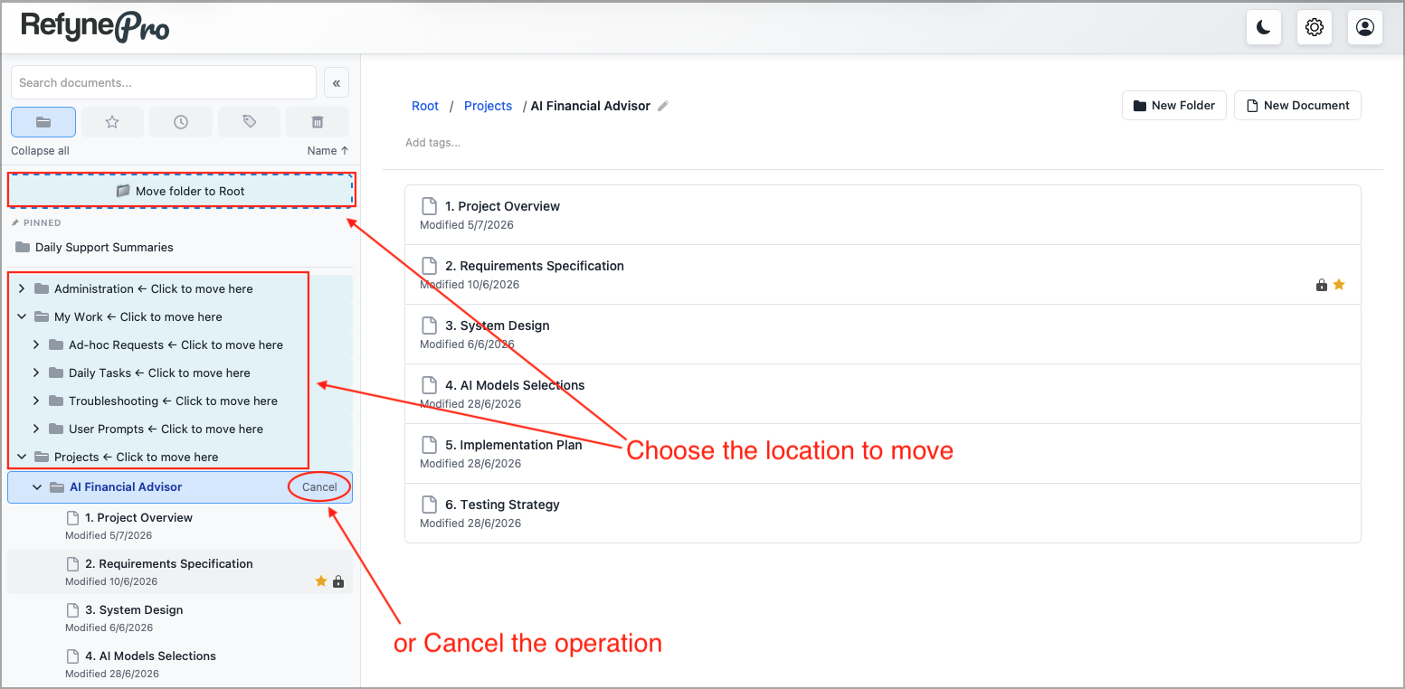 A folder being moved, with valid destinations marked in the Document Tree