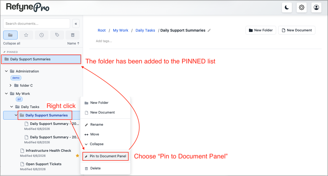 A pinned folder shown under the Pinned heading at the top of the Document Panel