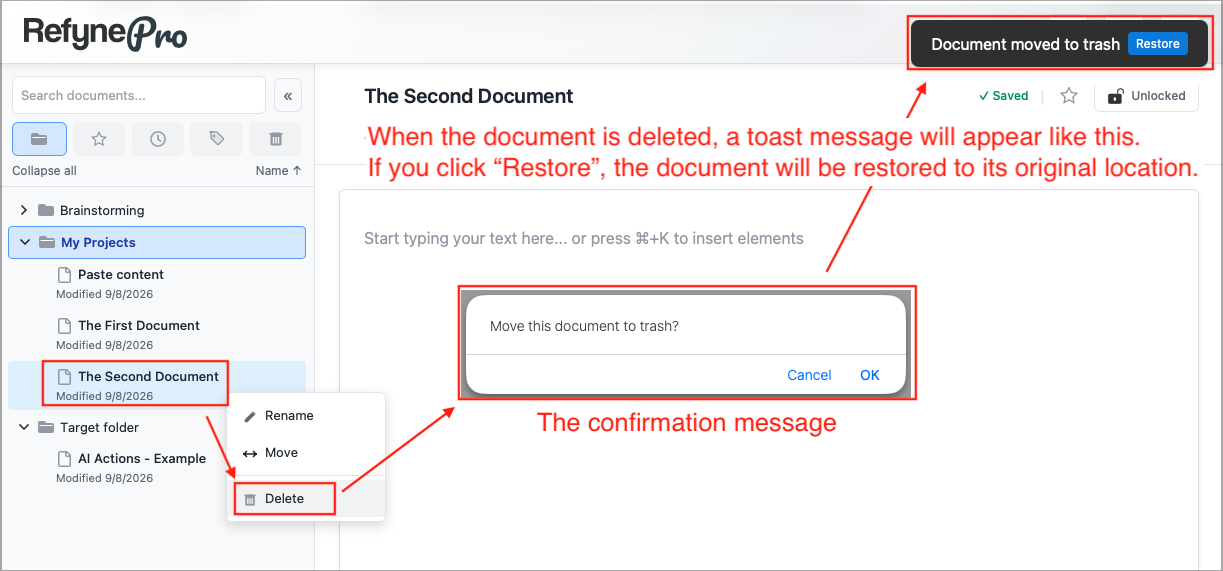 Delete operation and confirmation message