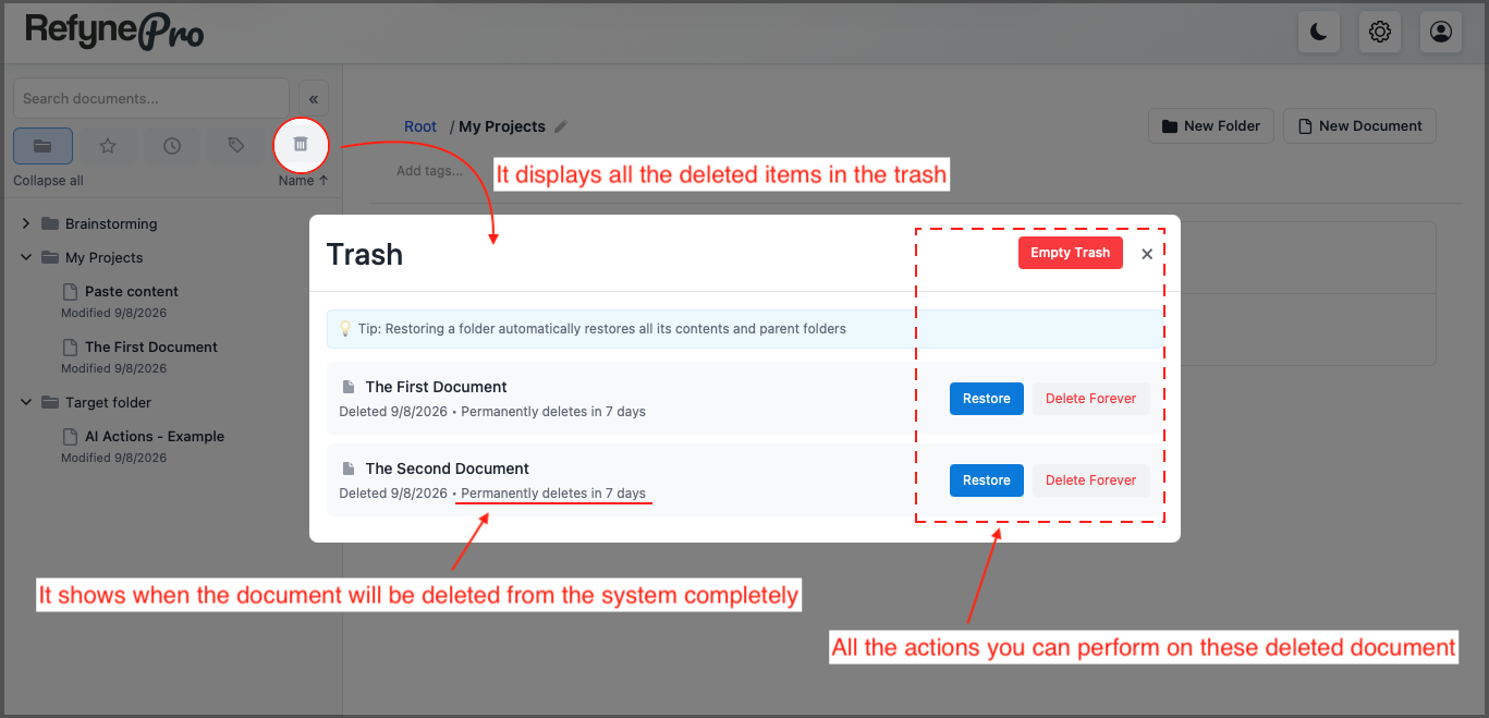 The trash window listing deleted items with Restore and Delete Forever buttons