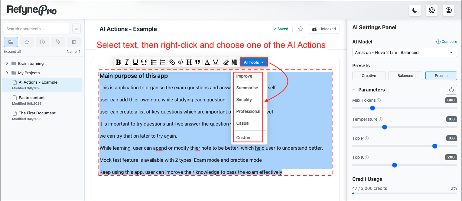 The AI Tools menu listing Improve, Summarise, Simplify, Professional, Casual and Custom