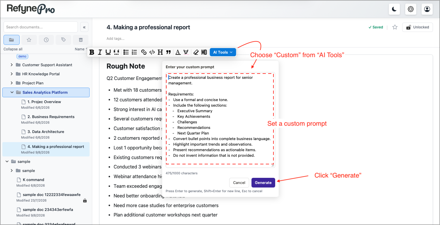 The custom prompt box with an instruction typed in